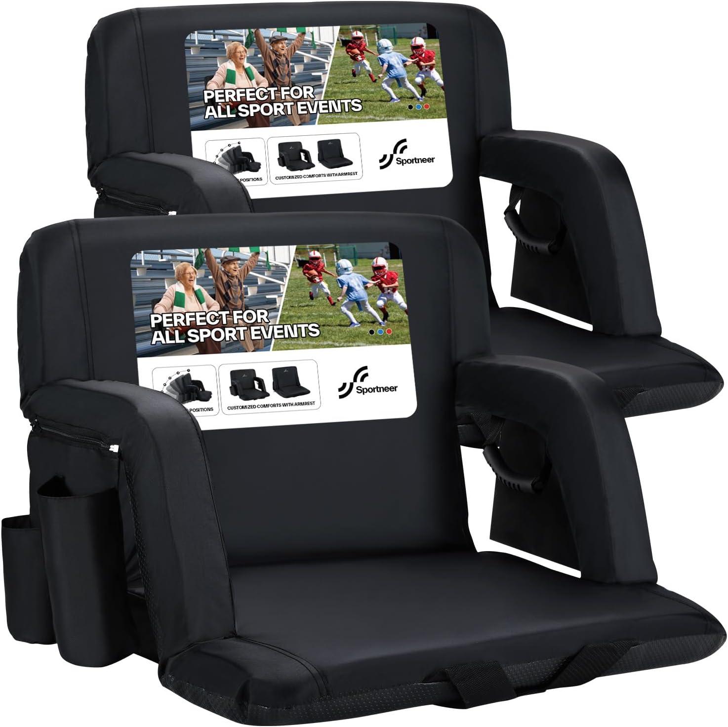 image:imageSportneer Stadium Seats with Back Support 25 Thick Comfy Cushion 6 Adjustable Angle Bleacher Seat with Armrest 2 Large Pockets 2 Cup Holders Stadium Chair for Sport Events Concerts ParksBlack 2 Pack