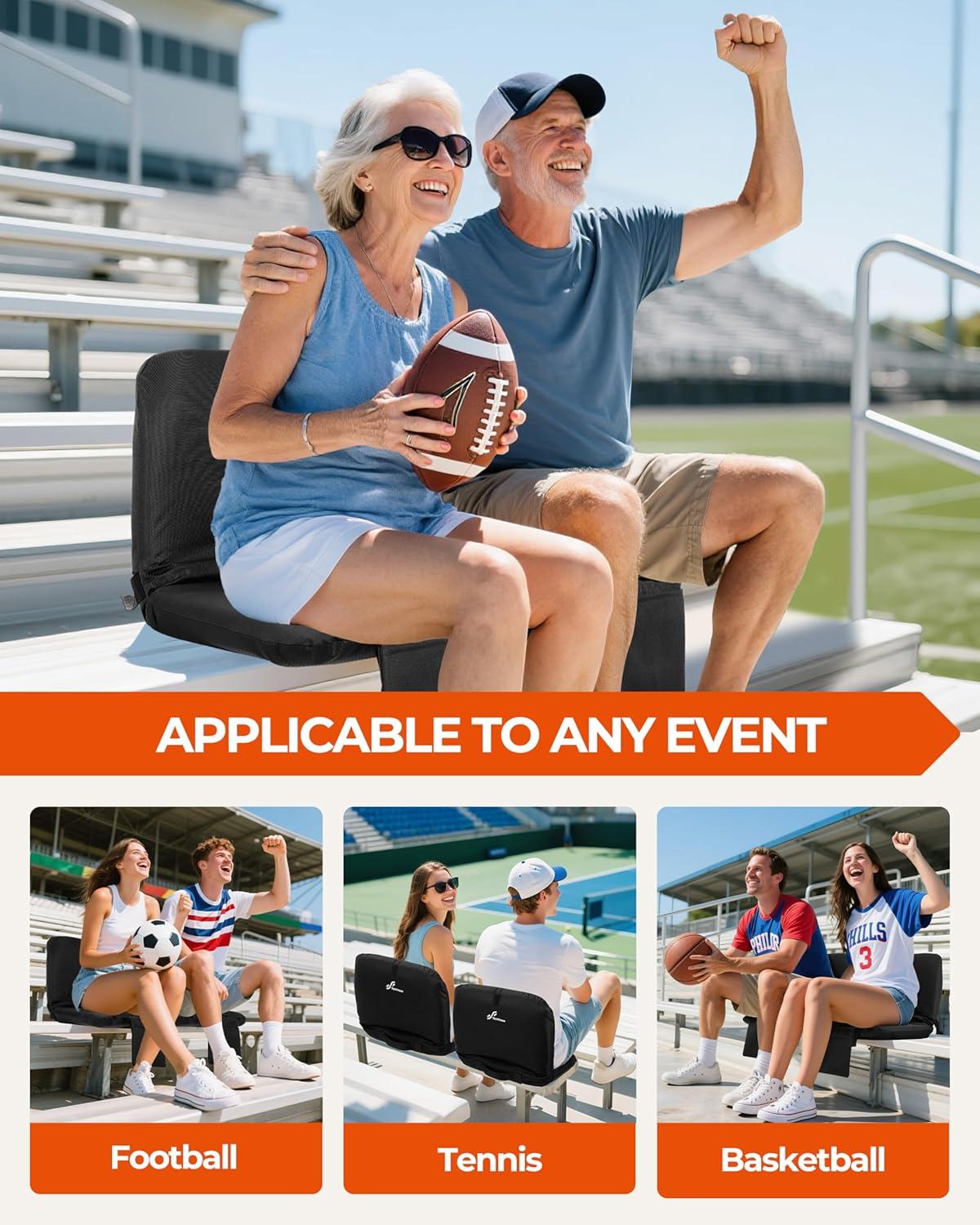 image:imageSportneer Stadium Seats with Back Support 6 Reclining Position Folding Bleacher Chairs with Back and Cushion Padded Bleacher Seats with Shoulder Strap amp Storage pocket for Events Outdoors CampingBlack 2 Pack