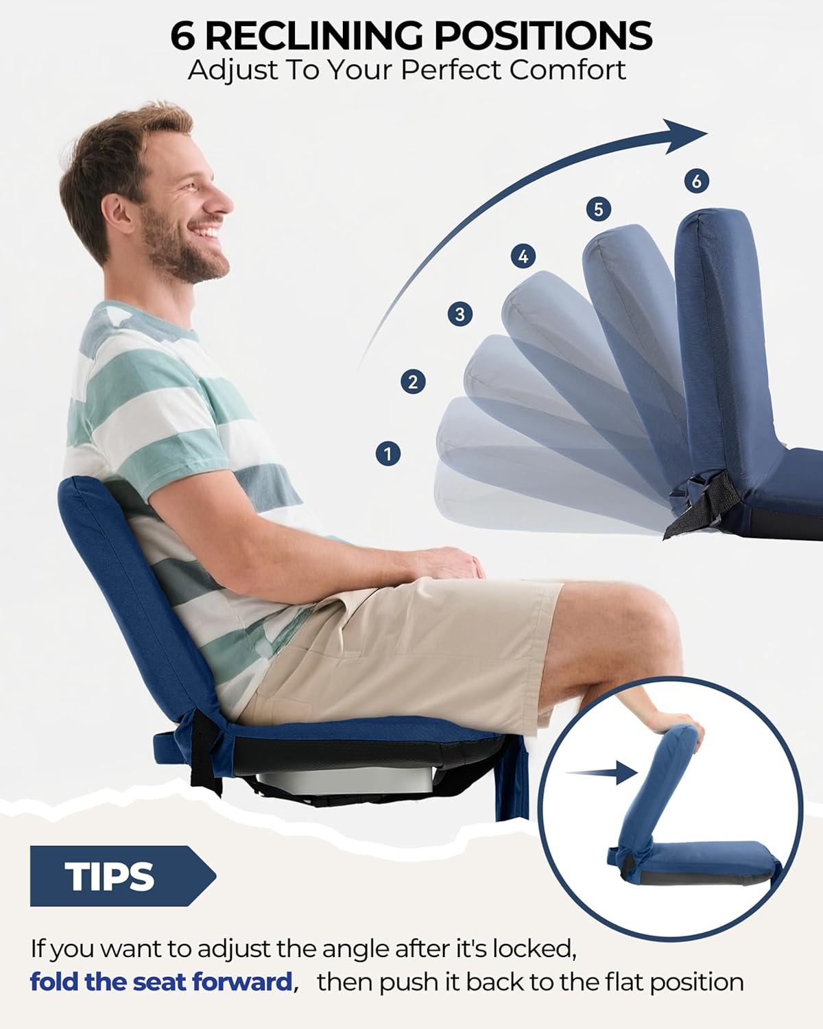 image:imageSportneer Stadium Seats with Back Support 6 Reclining Position Folding Bleacher Chairs with Back and Cushion Padded Bleacher Seats with Shoulder Strap amp Storage pocket for Events Outdoors CampingBlue 2 Pack