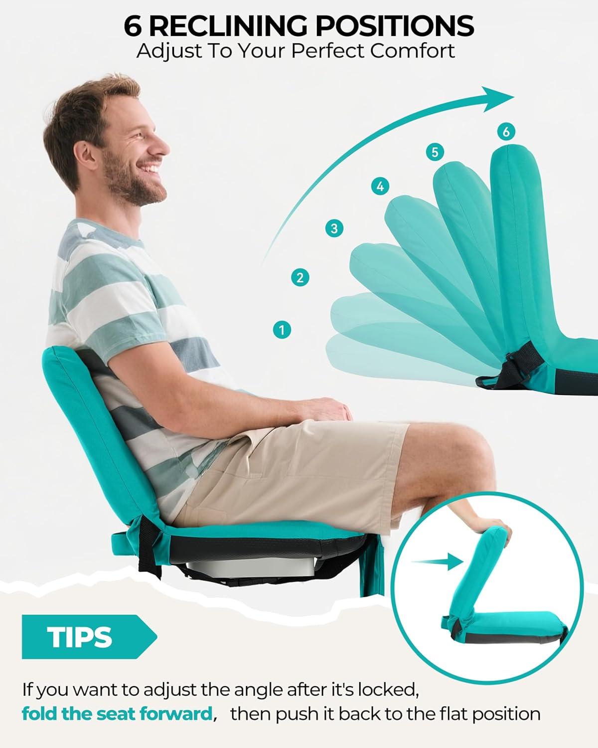 image:imageSportneer Stadium Seats with Back Support 6 Reclining Position Folding Bleacher Chairs with Back and Cushion Padded Bleacher Seats with Shoulder Strap amp Storage pocket for Events Outdoors CampingLight Blue 2 Pack