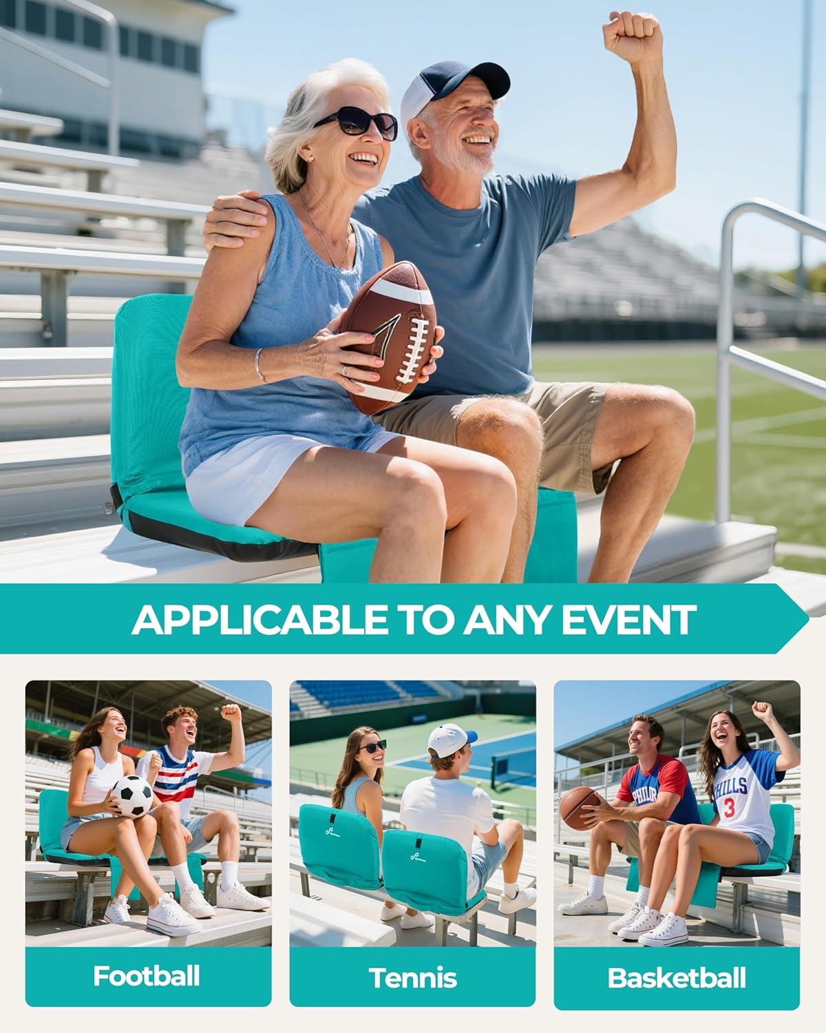 image:imageSportneer Stadium Seats with Back Support 6 Reclining Position Folding Bleacher Chairs with Back and Cushion Padded Bleacher Seats with Shoulder Strap amp Storage pocket for Events Outdoors CampingLight Blue 2 Pack