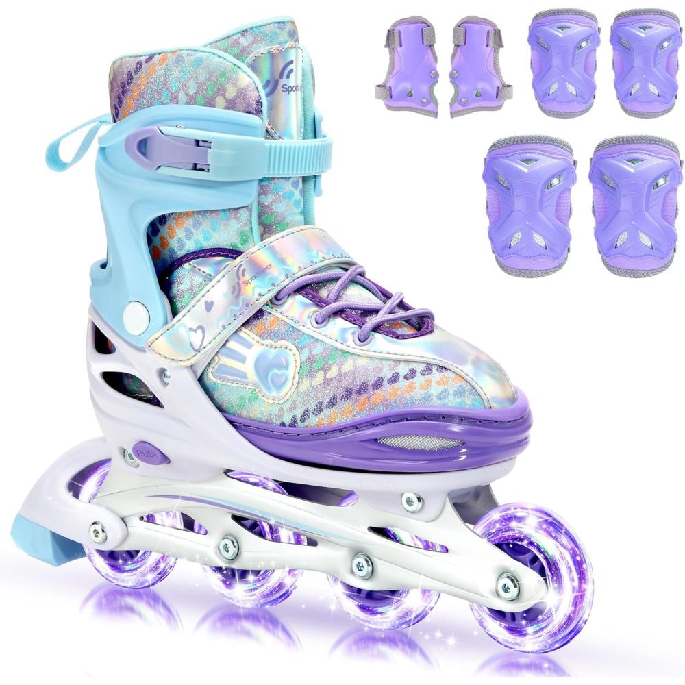 image:imageSportneer 4 Size Adjustable Inline Skates for Girls Kids Inline Skates Size 12C9 with Light Up Wheels Roller Blade with Protective Gear Set for Kids Girls Women Beginners Indoor amp Outdoor UsePurple