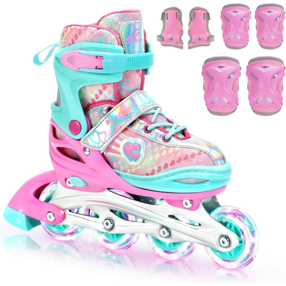 image:imageSportneer 4 Size Adjustable Inline Skates for Girls Kids Inline Skates Size 12C9 with Light Up Wheels Roller Blade with Protective Gear Set for Kids Girls Women Beginners Indoor amp Outdoor UsePink
