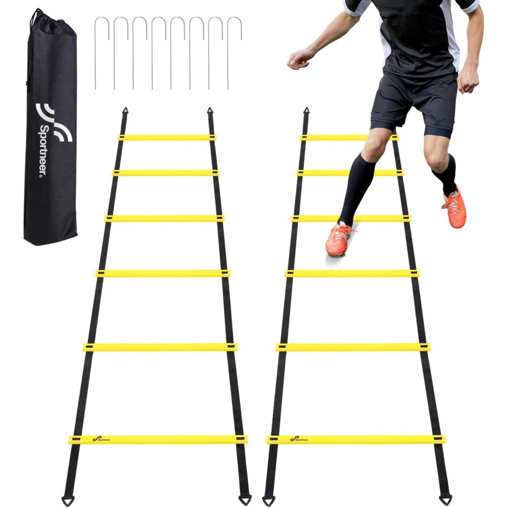 image:imageSportneer Agility Ladder Speed Training Set 12 Rungs 20ft Detachable Exercise Ladders in 2pcs 6 rungs Each with Ground Stakes for Soccer Football Footwork Training Ladder with Carry BagYellow