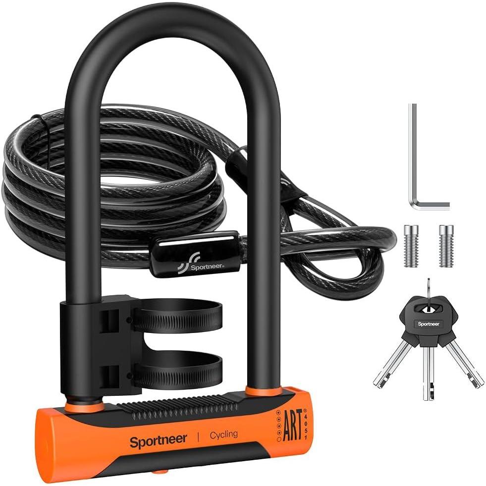 image:imageSportneer Bike Lock 18mm Shackle Heavy Duty Anti Theft Bike U Locks with 6ft Security Steel Cable Bicycle ULocks with Keys amp Sturdy Mounting Bracket for Road Mountain Electric amp Folding Bike