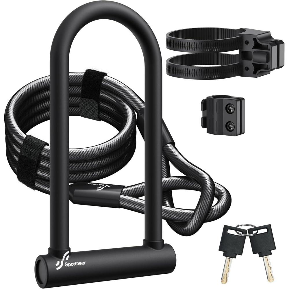 image:imageSportneer Bike Lock Heavy Duty Bike U Lock with 6ft Security Steel Cable  18mm Shackle Bicycle ULocks with Keys and Sturdy Mounting Bracket for Road Mountain Bike Bicycle Size 115x625Black
