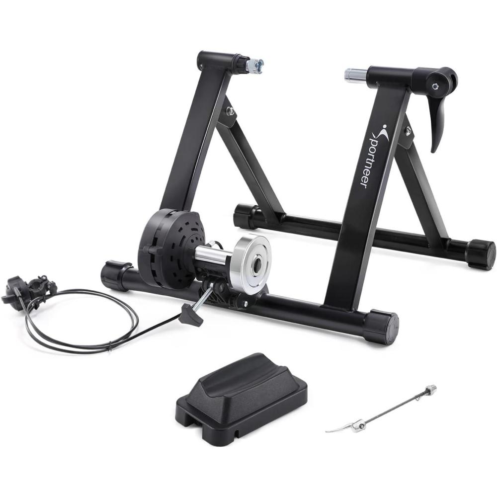 image:imageSportneer Bike Trainer Magnetic Stationary Stand for 2628 amp 700C Wheels 8 Level Resistance Portable Stainless Steel Indoor Trainer with Quick Release Lever amp Front Wheel Riser Block
