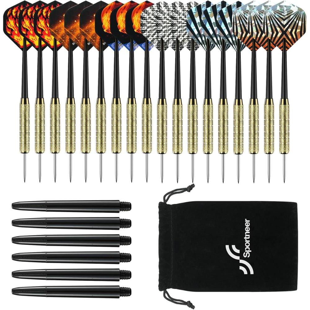 image:imageSportneer Darts Metal Tip Dart Set Steel Tip Darts Set Professional Darts Brass Barrels Metal Tip Darts Extra Flights Premium Darts 18 Pcs for Dartboard with 6 Free PVC Dart Rods and Carrying Bag