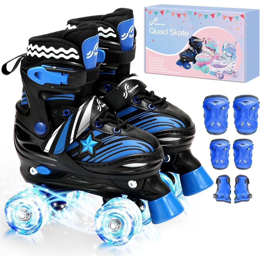 image:imageSportneer Kids Roller Skates 4 Size Adjustable Quad Skates with Light Up Wheels for 58 812 Girls Boys Kids Toddlers Beginners Birthday Gift with Protective Gear Set for Outdoor IndoorNavy Blue