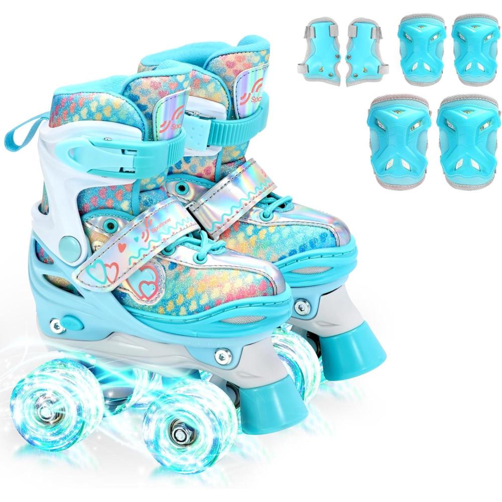 image:imageSportneer Kids Roller Skates 4 Size Adjustable Quad Skates with Light Up Wheels for 58 812 Girls Boys Kids Toddlers Beginners Birthday Gift with Protective Gear Set for Outdoor IndoorBlue