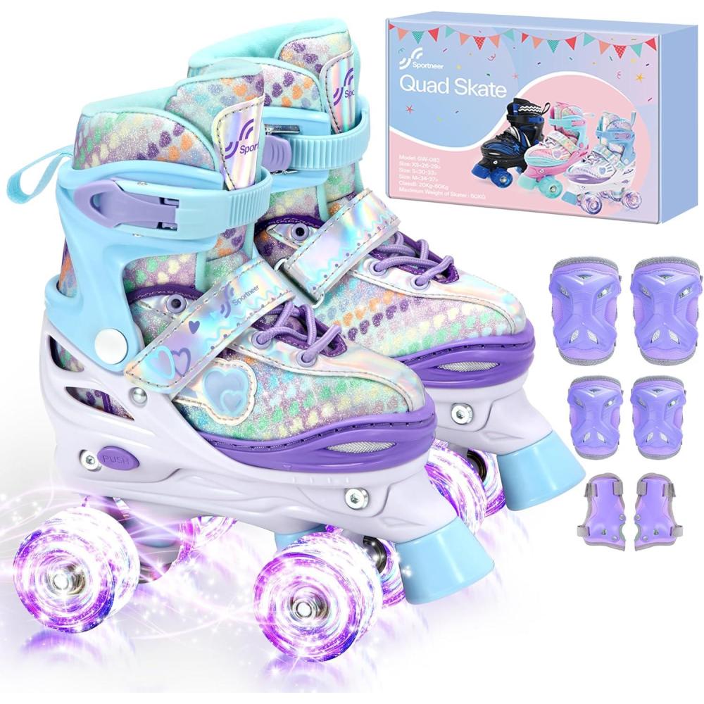 image:imageSportneer Kids Roller Skates 4 Size Adjustable Quad Skates with Light Up Wheels for 58 812 Girls Boys Kids Toddlers Beginners Birthday Gift with Protective Gear Set for Outdoor IndoorPurple