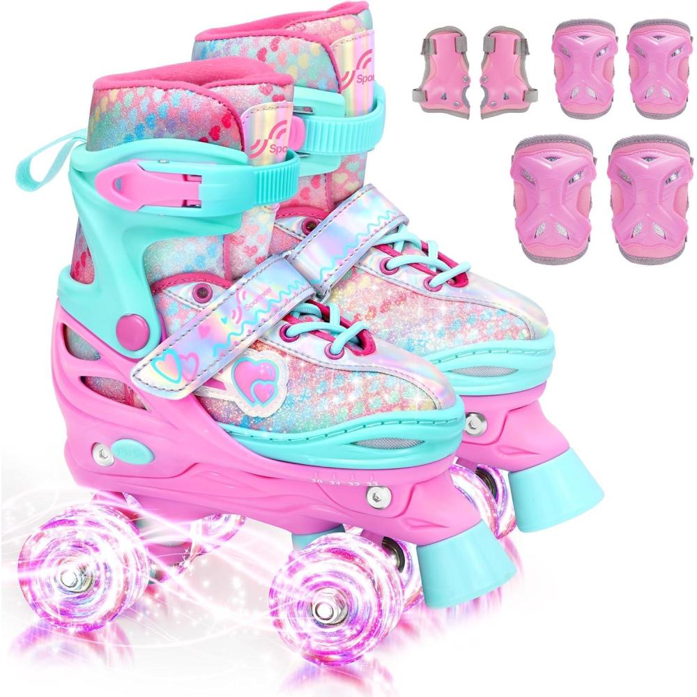 image:imageSportneer Kids Roller Skates 4 Size Adjustable Quad Skates with Light Up Wheels for 58 812 Girls Boys Kids Toddlers Beginners Birthday Gift with Protective Gear Set for Outdoor IndoorPink