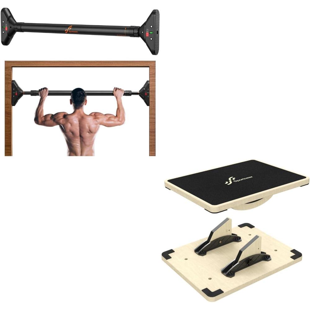 image:imageSportneer Pull Up Bar Strength Training Chin up Bar without Screws Bundle with Balance Board for Adults Wobble Board Adjustable 2in1 Slant Board