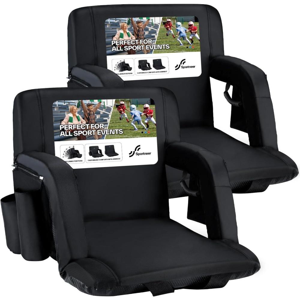image:imageSportneer Stadium Seats with Back Support 25 Thick Comfy Cushion 6 Adjustable Angle Bleacher Seat with Armrest 2 Large Pockets 2 Cup Holders Stadium Chair for Sport Events Concerts ParksBlack 2 Pack