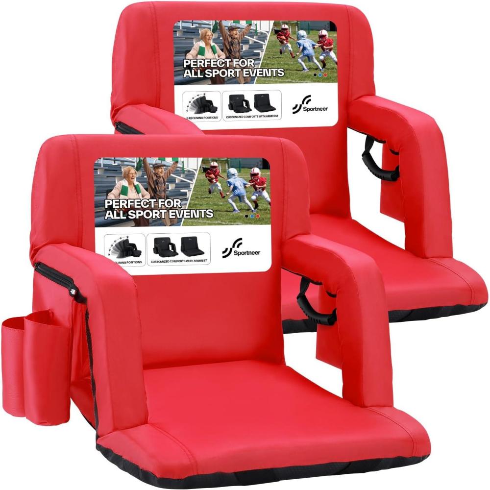 image:imageSportneer Stadium Seats with Back Support 25 Thick Comfy Cushion 6 Adjustable Angle Bleacher Seat with Armrest 2 Large Pockets 2 Cup Holders Stadium Chair for Sport Events Concerts ParksRed 2 Pack
