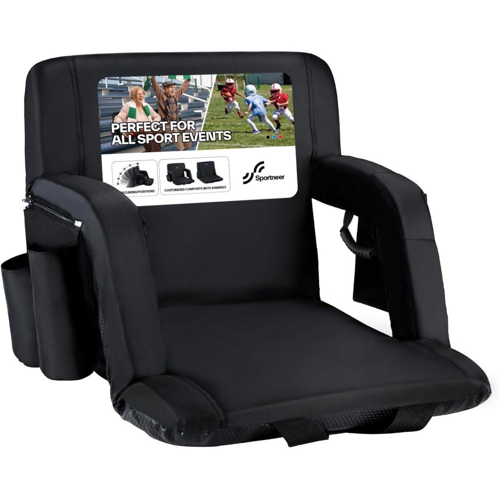 image:imageSportneer Stadium Seats with Back Support 25 Thick Comfy Cushion 6 Adjustable Angle Bleacher Seat with Armrest 2 Large Pockets 2 Cup Holders Stadium Chair for Sport Events Concerts ParksBlack