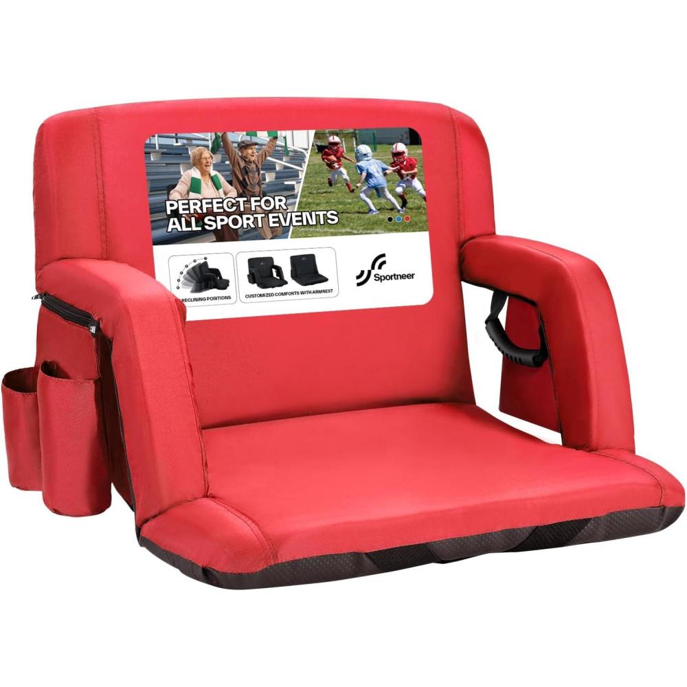 image:imageSportneer Stadium Seats with Back Support 25 Thick Comfy Cushion 6 Adjustable Angle Bleacher Seat with Armrest 2 Large Pockets 2 Cup Holders Stadium Chair for Sport Events Concerts ParksRed