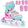 Sportneer 4 Size Adjustable Inline Skates for Girls, Kids Inline Skates Size 12C-9 with Light Up Wheels Roller Blade with Protective Gear Set for Kids Girls Women Beginners Indoor & Outdoor Use(Pink)