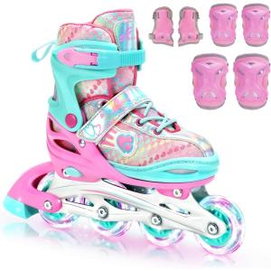 Sportneer 4 Size Adjustable Inline Skates for Girls, Kids Inline Skates Size 12C-9 with Light Up Wheels Roller Blade with Protective Gear Set for Kids Girls Women Beginners Indoor & Outdoor Use(Pink)