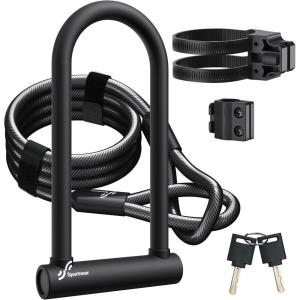Sportneer Bike Lock: Heavy Duty Bike U Lock with 6ft Security Steel Cable – 18mm Shackle Bicycle U-Locks with Keys and Sturdy Mounting Bracket for Road Mountain Bike Bicycle, Size 11.5”x6.25”(Black)