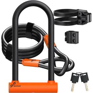 Sportneer Bike Lock: Heavy Duty Bike U Lock with 6ft Security Steel Cable – 18mm Shackle Bicycle U-Locks with Keys and Sturdy Mounting Bracket for Road Mountain Bike Bicycle, Size 11.5”x6.25”(Black+Orange)