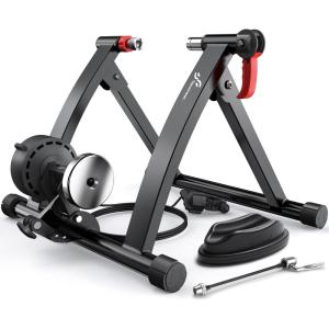 Sportneer Bike Trainer – Magnetic Stationary Bike Stand for 26-28″ & 700C Wheels – Adjustable 6 Level Resistance Bike Trainer Stand for Indoor Riding with Quick Release Lever & Front Wheel Riser Block(Black)