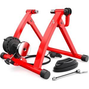 Sportneer Bike Trainer – Magnetic Stationary Bike Stand for 26-28″ & 700C Wheels – Adjustable 6 Level Resistance Bike Trainer Stand for Indoor Riding with Quick Release Lever & Front Wheel Riser Block(Red)