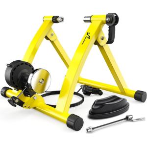 Sportneer Bike Trainer – Magnetic Stationary Bike Stand for 26-28″ & 700C Wheels – Adjustable 6 Level Resistance Bike Trainer Stand for Indoor Riding with Quick Release Lever & Front Wheel Riser Block(Yellow)