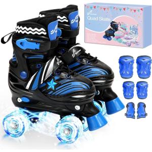 Sportneer Kids Roller Skates: 4 Size Adjustable Quad Skates with Light Up Wheels for 5-8, 8-12 Girls Boys Kids Toddlers Beginners, Birthday Gift with Protective Gear Set for Outdoor Indoor(Navy Blue)