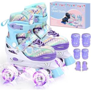Sportneer Kids Roller Skates: 4 Size Adjustable Quad Skates with Light Up Wheels for 5-8, 8-12 Girls Boys Kids Toddlers Beginners, Birthday Gift with Protective Gear Set for Outdoor Indoor(Purple)
