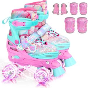 Sportneer Kids Roller Skates: 4 Size Adjustable Quad Skates with Light Up Wheels for 5-8, 8-12 Girls Boys Kids Toddlers Beginners, Birthday Gift with Protective Gear Set for Outdoor Indoor(Pink)