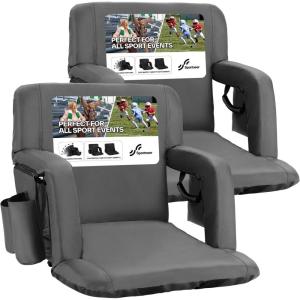Sportneer Stadium Seats with Back Support: 2.5” Thick Comfy Cushion 6 Adjustable Angle Bleacher Seat with Armrest – 2 Large Pockets, 2 Cup Holders Stadium Chair for Sport Events Concerts Parks(Grey  2 Pack)