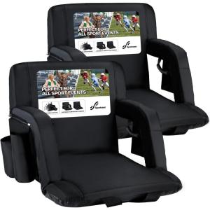 Sportneer Stadium Seats with Back Support: 2.5” Thick Comfy Cushion 6 Adjustable Angle Bleacher Seat with Armrest – 2 Large Pockets, 2 Cup Holders Stadium Chair for Sport Events Concerts Parks(Black  2 Pack)