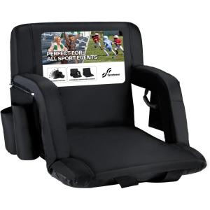 Sportneer Stadium Seats with Back Support: 2.5” Thick Comfy Cushion 6 Adjustable Angle Bleacher Seat with Armrest – 2 Large Pockets, 2 Cup Holders Stadium Chair for Sport Events Concerts Parks(Black)