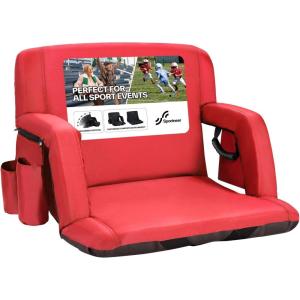 Sportneer Stadium Seats with Back Support: 2.5” Thick Comfy Cushion 6 Adjustable Angle Bleacher Seat with Armrest – 2 Large Pockets, 2 Cup Holders Stadium Chair for Sport Events Concerts Parks(Red)