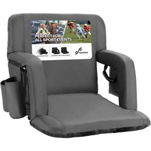 Sportneer Stadium Seats with Back Support: 2.5” Thick Comfy Cushion 6 Adjustable Angle Bleacher Seat with Armrest – 2 Large Pockets, 2 Cup Holders Stadium Chair for Sport Events Concerts Parks(Grey)