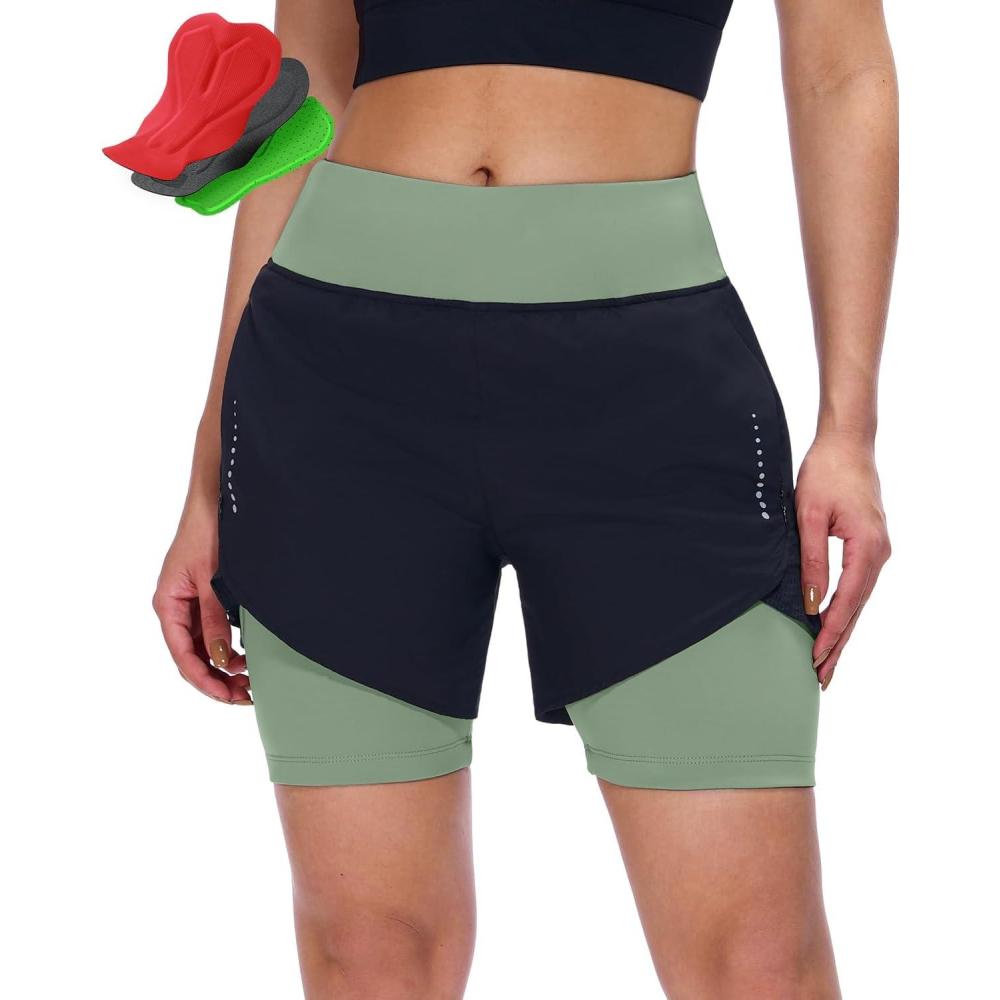 image:imageSportneer Women Padded Bike Shorts 4D Bicycle Cycling Shorts with 2 Zipper Pockets amp 1 Inner Thigh PocketBlack Green