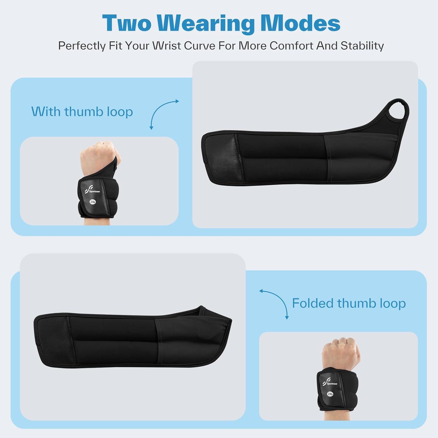 image:imageSportneer Wrist Weights with Thumb Loops Lock for Men Women 2 LBS 4 LBS Pair Arm Hand Weights for Running Walking Jogging Physical Therapy Gym Strength Training Cardio Exercise Increase Wrist amp Hand ResistanceBlack