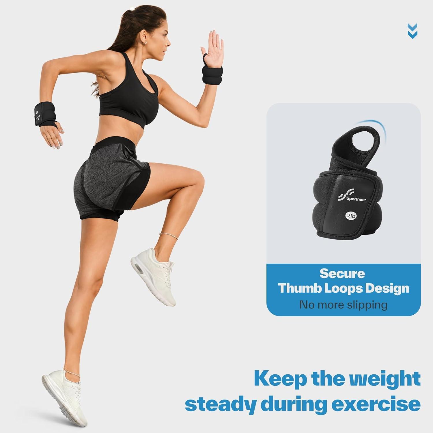 image:imageSportneer Wrist Weights with Thumb Loops Lock for Men Women 2 LBS 4 LBS Pair Arm Hand Weights for Running Walking Jogging Physical Therapy Gym Strength Training Cardio Exercise Increase Wrist amp Hand ResistanceBlack