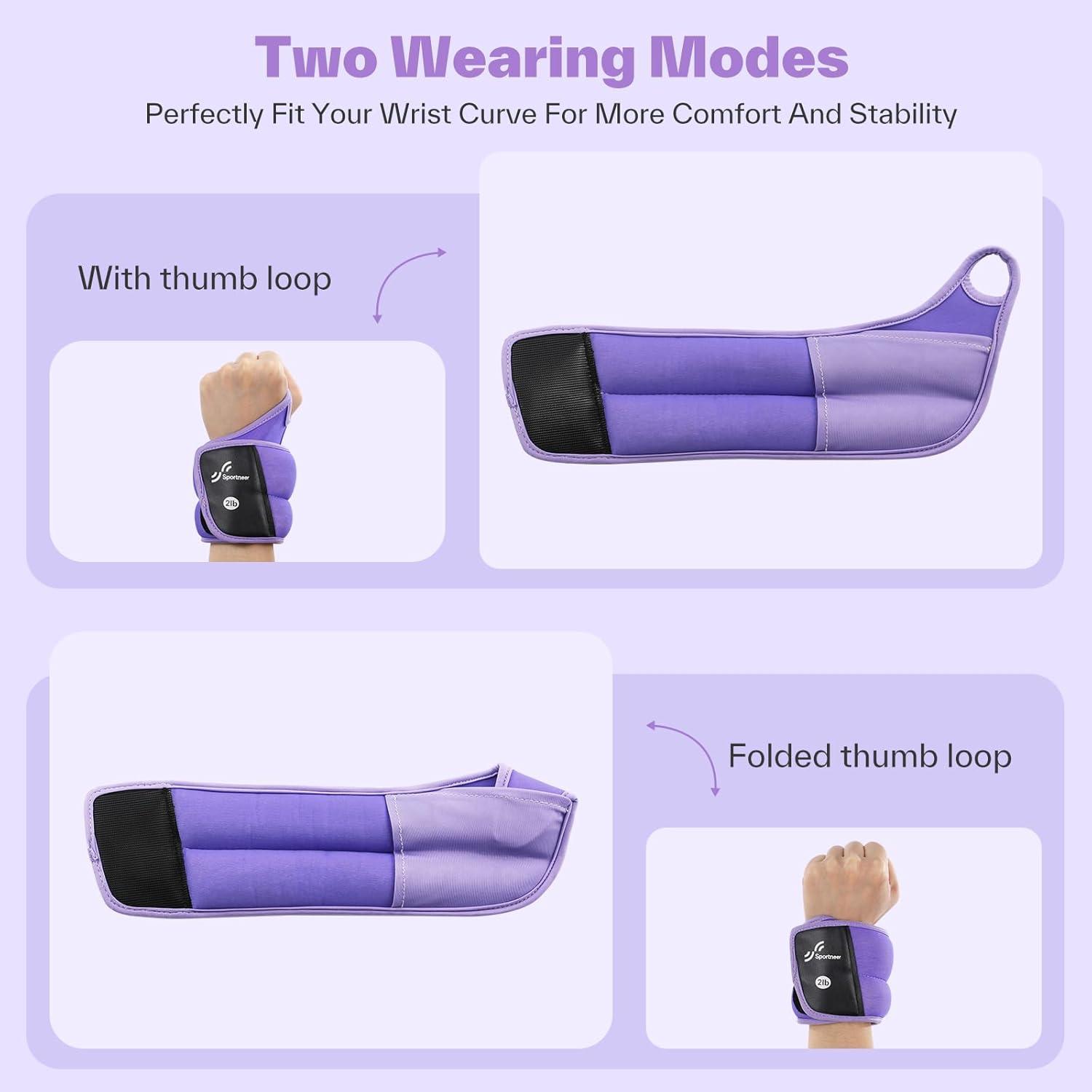 image:imageSportneer Wrist Weights with Thumb Loops Lock for Men Women 2 LBS 4 LBS Pair Arm Hand Weights for Running Walking Jogging Physical Therapy Gym Strength Training Cardio Exercise Increase Wrist amp Hand ResistancePurple