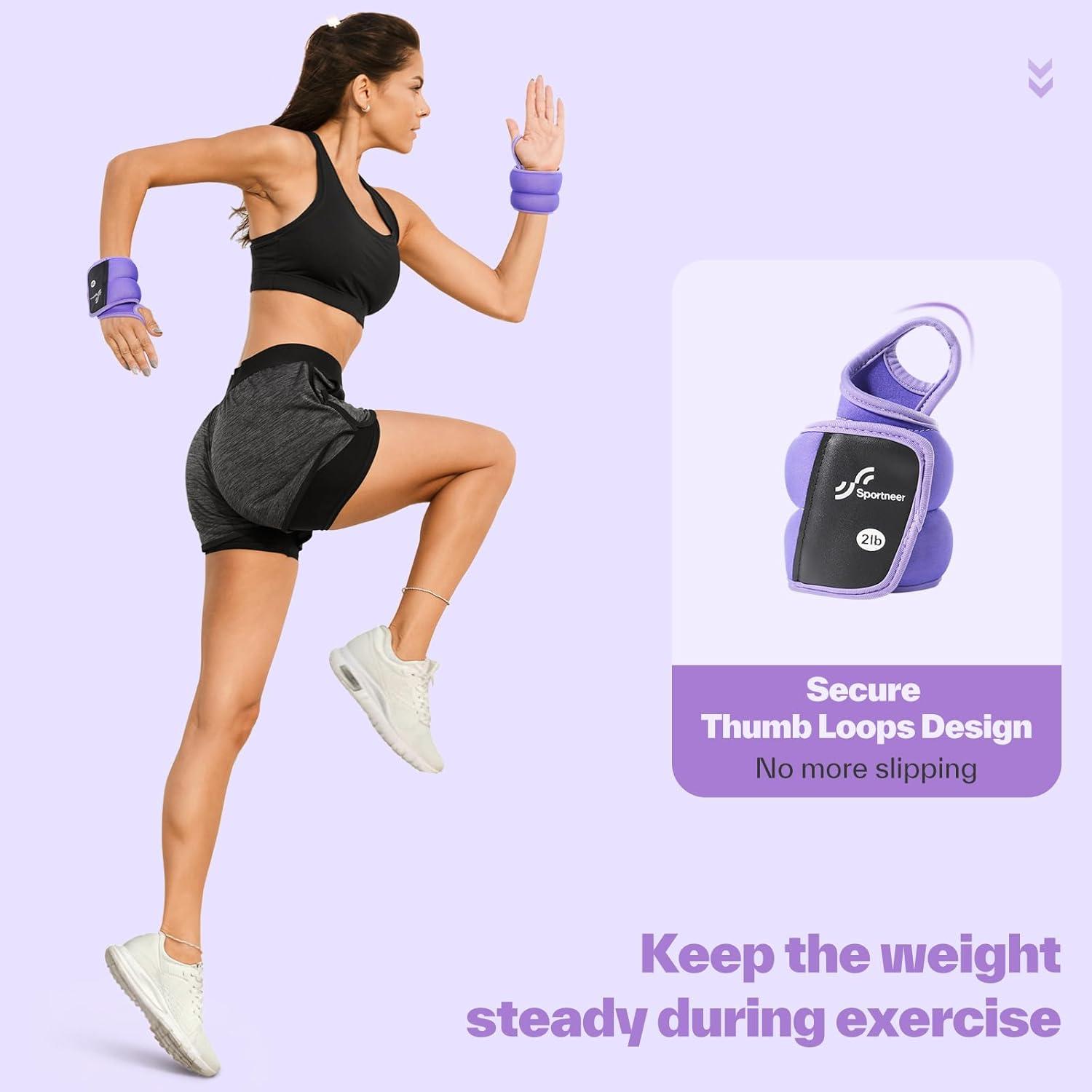 image:imageSportneer Wrist Weights with Thumb Loops Lock for Men Women 2 LBS 4 LBS Pair Arm Hand Weights for Running Walking Jogging Physical Therapy Gym Strength Training Cardio Exercise Increase Wrist amp Hand ResistancePurple
