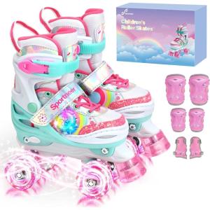 Sportneer Kids Roller Skates with Protective Gear Set, 4 Size Adjustable Girls Roller Skates with 8 Flash LED Wheels, Safe & Fun Skates for Toddlers Ages 3-12 Indoor Outdoor Use(XS (foot length: 5.7-6.3inch))