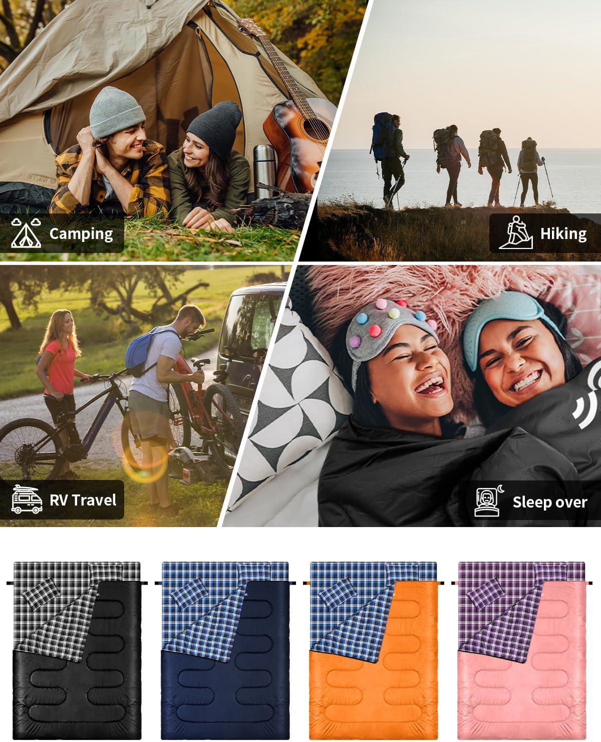 image:imageSportneer Double Sleeping Bag 2 Person Queen Size Sleeping Bag with 2 Pillows for Adults Kids in 3 Season Warm Cold Weather Waterproof Lightweight for Outdoor Camping Backpacking HikingBlack
