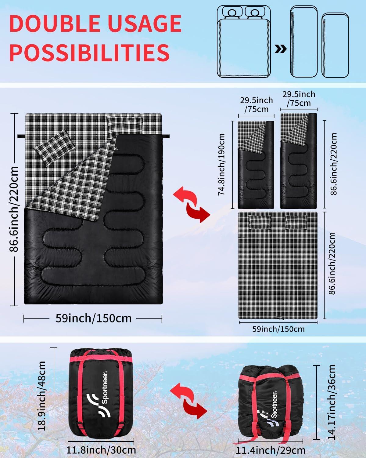 image:imageSportneer Double Sleeping Bag 2 Person Queen Size Sleeping Bag with 2 Pillows for Adults Kids in 3 Season Warm Cold Weather Waterproof Lightweight for Outdoor Camping Backpacking HikingBlack