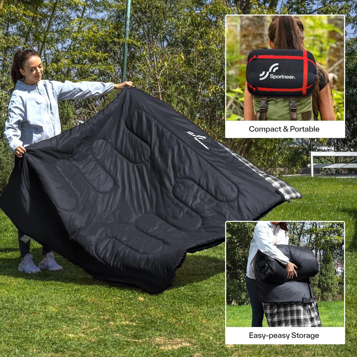 image:imageSportneer Double Sleeping Bag 2 Person Queen Size Sleeping Bag with 2 Pillows for Adults Kids in 3 Season Warm Cold Weather Waterproof Lightweight for Outdoor Camping Backpacking HikingBlack