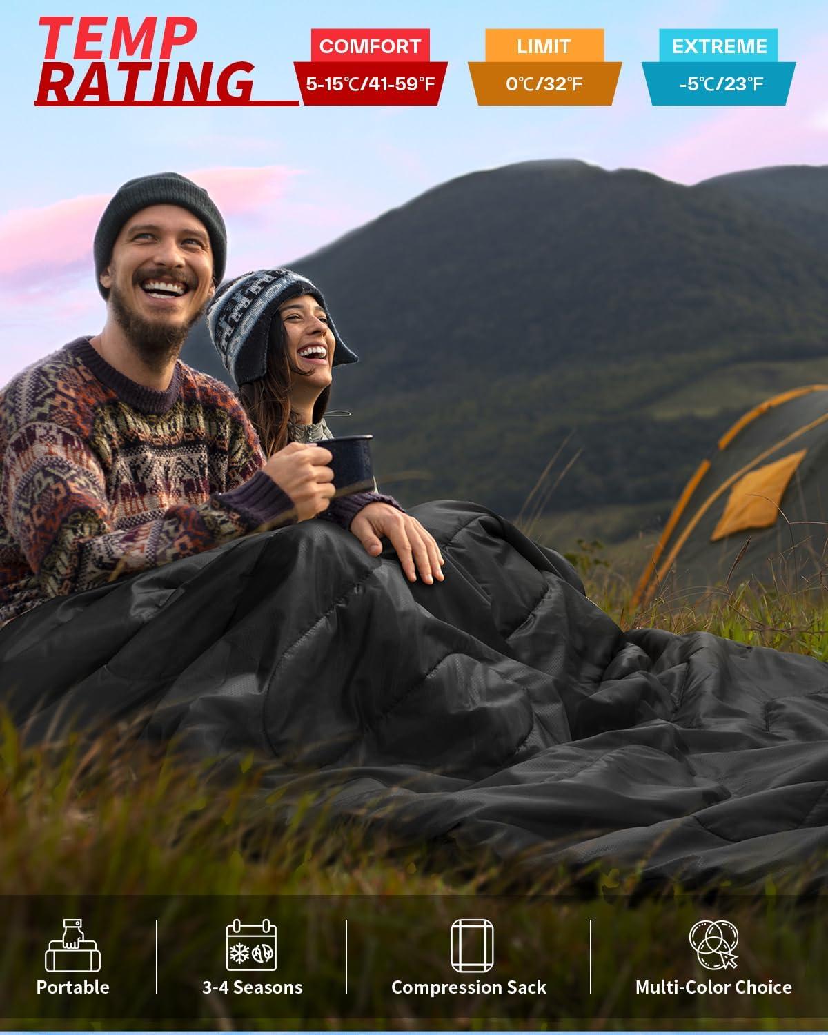 image:imageSportneer Double Sleeping Bag 2 Person Queen Size Sleeping Bag with 2 Pillows for Adults Kids in 3 Season Warm Cold Weather Waterproof Lightweight for Outdoor Camping Backpacking HikingBlack