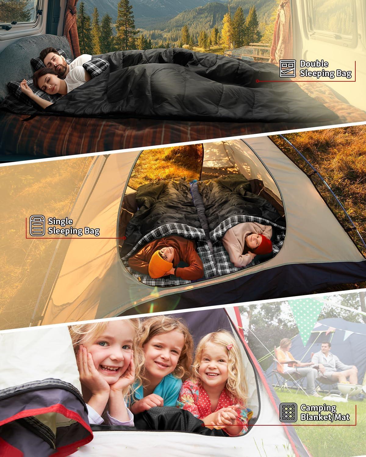 image:imageSportneer Double Sleeping Bag 2 Person Queen Size Sleeping Bag with 2 Pillows for Adults Kids in 3 Season Warm Cold Weather Waterproof Lightweight for Outdoor Camping Backpacking HikingBlack