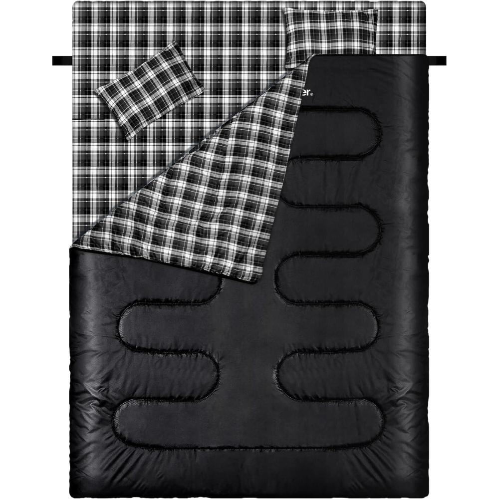 image:imageSportneer Double Sleeping Bag 2 Person Queen Size Sleeping Bag with 2 Pillows for Adults Kids in 3 Season Warm Cold Weather Waterproof Lightweight for Outdoor Camping Backpacking HikingBlack