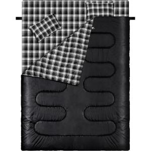 Sportneer Double Sleeping Bag – 2 Person Queen Size Sleeping Bag with 2 Pillows for Adults Kids in 3 Season Warm Cold Weather, Waterproof Lightweight for Outdoor, Camping, Backpacking, Hiking(Black)